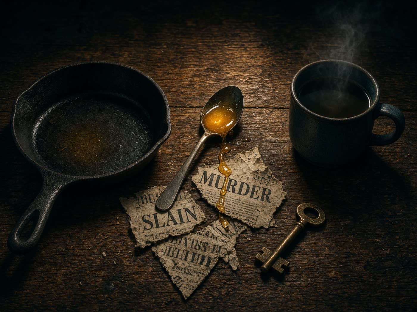 A late-night kitchen table with a skillet, clippings, and coffee